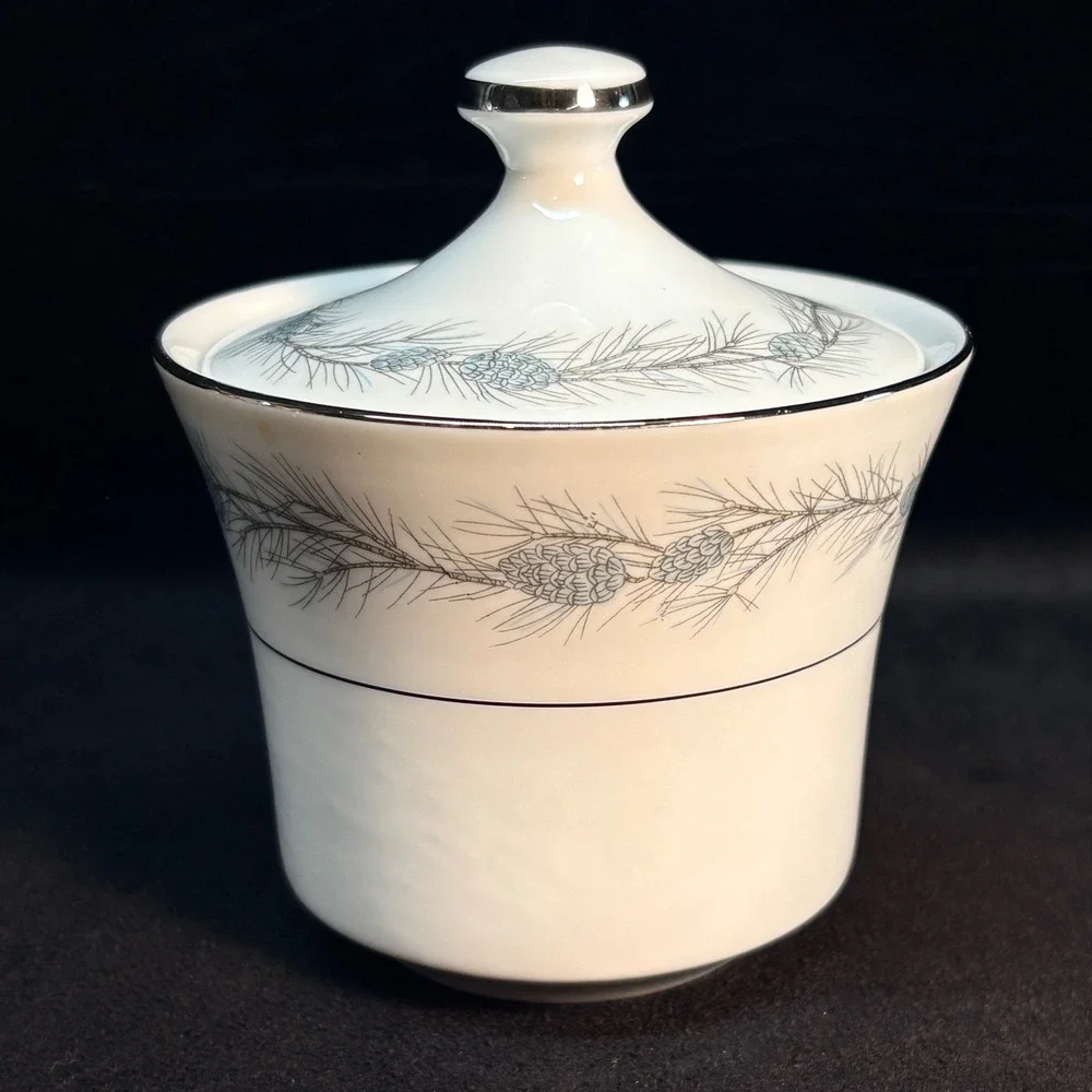 Style House Duchess Fine China Sugar Bowl Lid Japan Pine Cone Silver Trim White